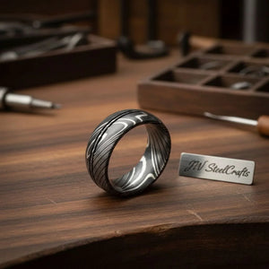 Damascus Center Double Groove Ring with Symmetric Grooves