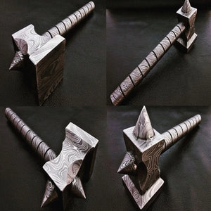 Darkforge Titan Hammer 8" Handmade Full Damascus Steel Collectible with Dual Spikes
