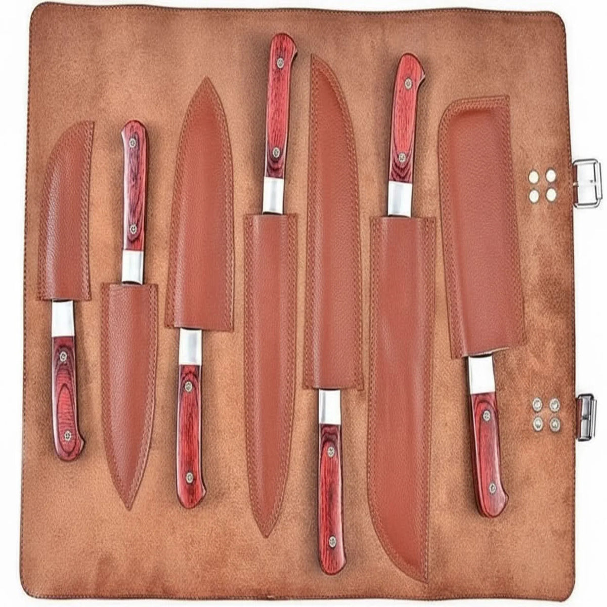 7-Piece Damascus Kitchen Knife Set — Chef, Nakiri, Bread Knife and Cleaver, Red Pakka Wood Handles detail view by JW