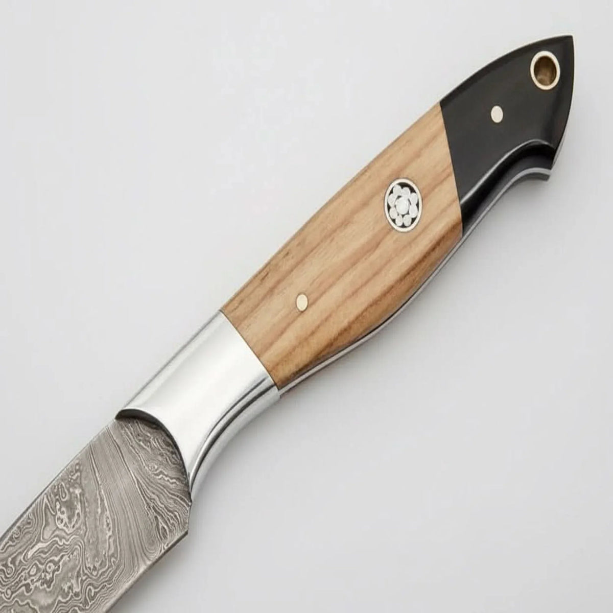 9" Handmade Damascus Steel Utility Knife with Olive Wood Handle detail view by JW SteelCrafts