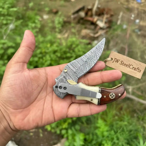 2-Piece Damascus Hawkbill Folding Pocket Knives — Liner Lock, Rosewood Black & Cream Resin Handles, Brass Bolsters