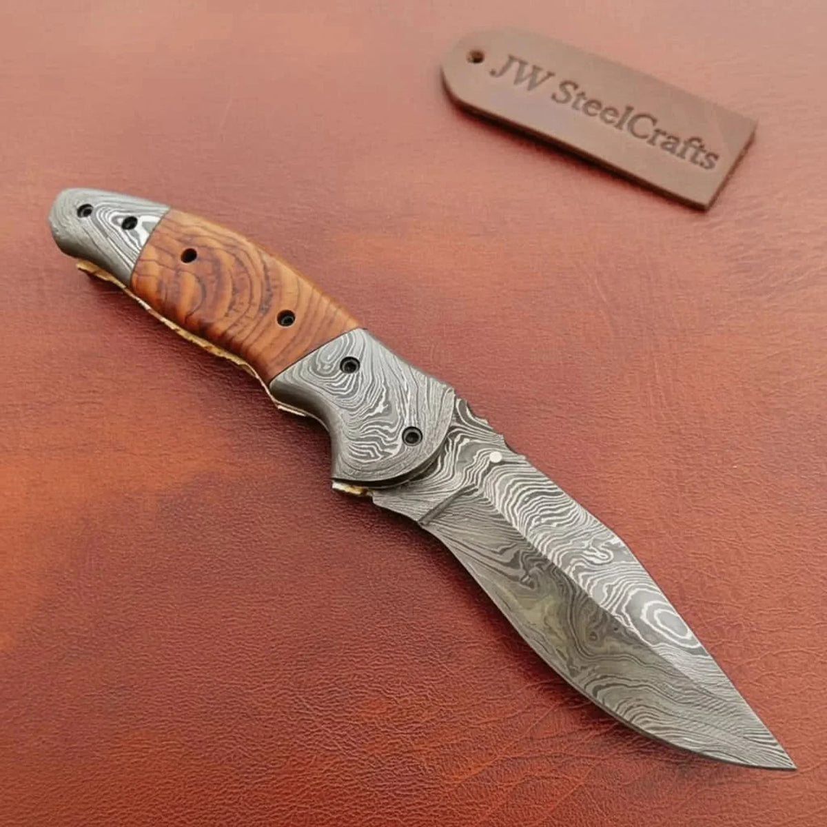 Handmade Damascus Steel Folding Knife with Amber Burl Wood Handle – Custom Pocket Knife by JW SteelCrafts by JW SteelCrafts