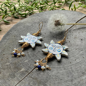 Folk art sun and freshwater pearl cluster earrings