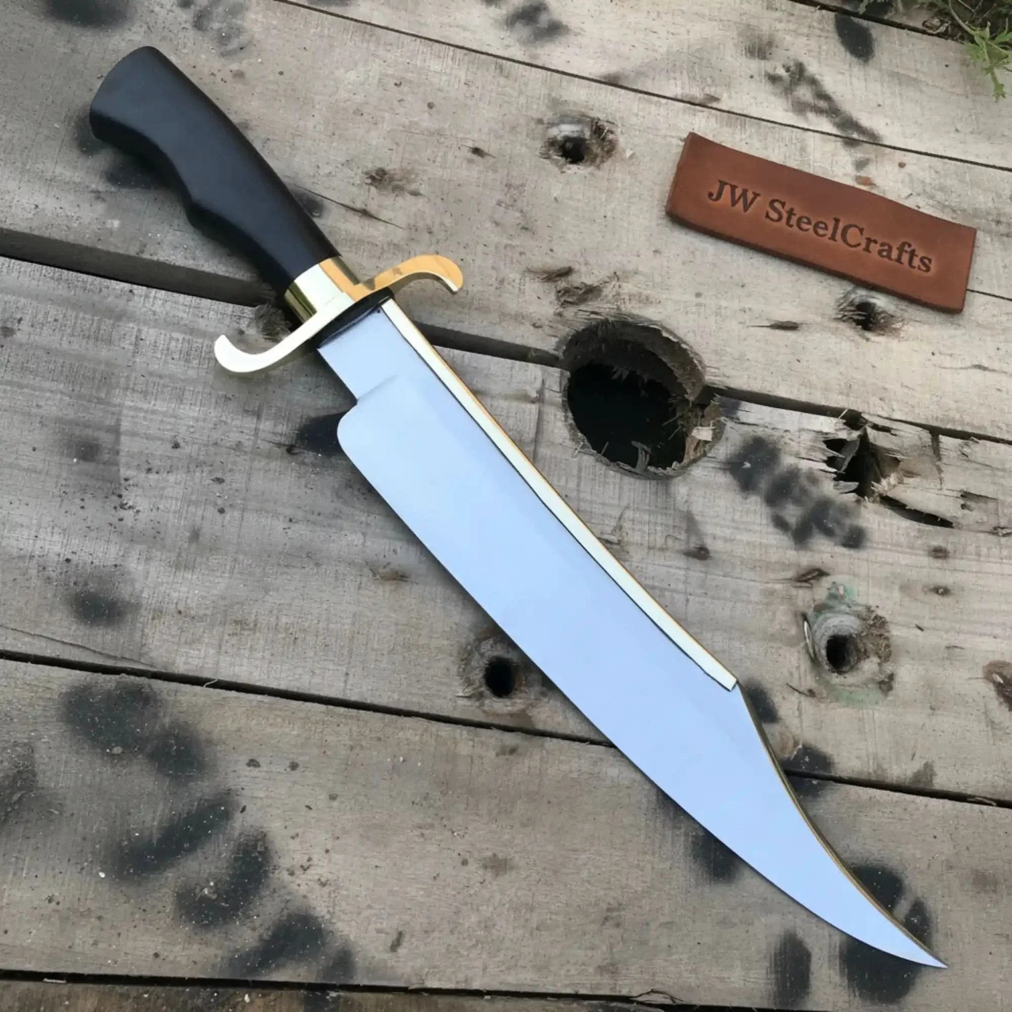 Carbon Steel 10-Inch Clip Point Bowie Knife — Black Handle, Brass S-Guard & Mirror Polished Blade by JW SteelCrafts