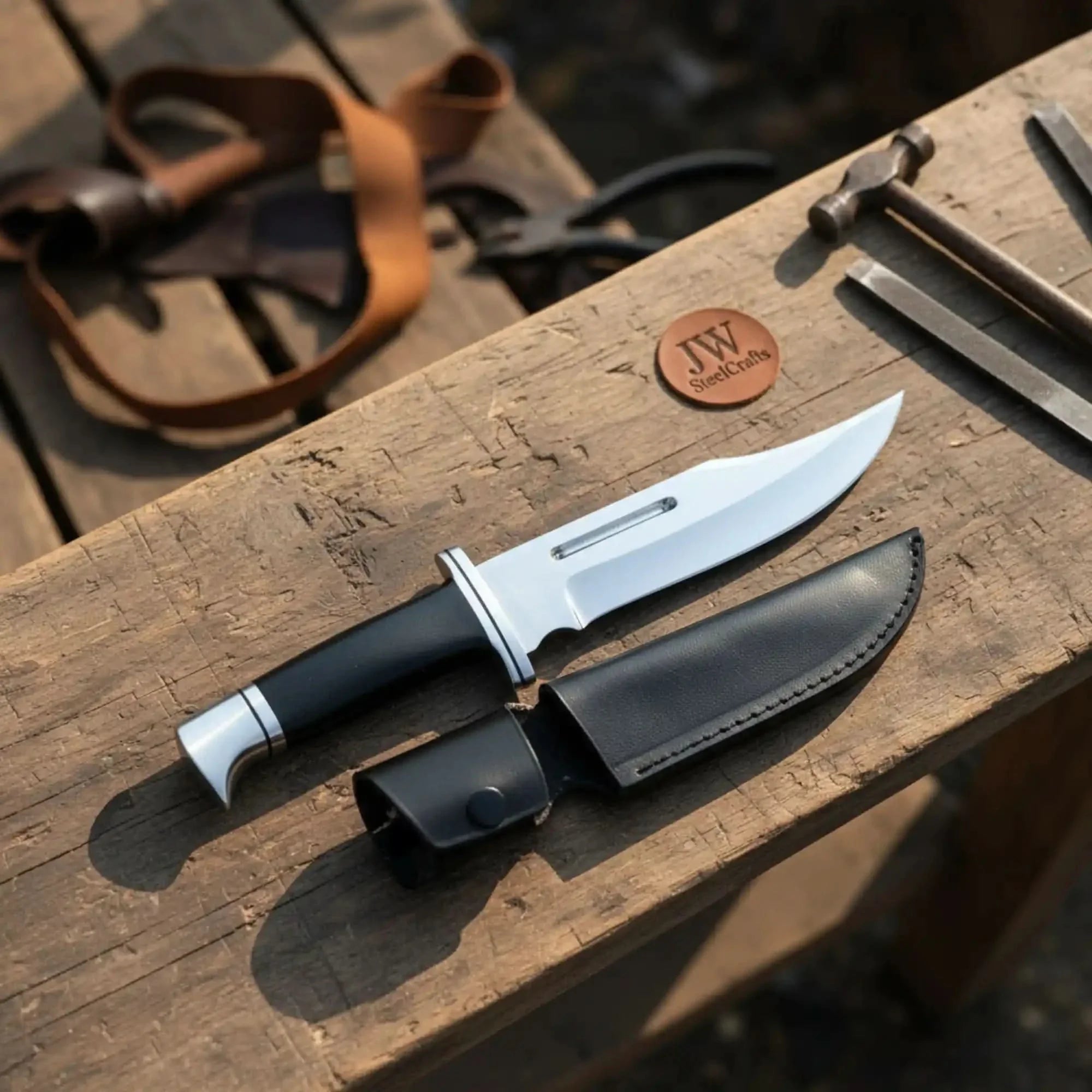 Carbon Steel Clip Point Bowie Knife — Black Resin Handle, Steel Guard, Steel Pommel & Mirror Polished Blade by JW SteelCrafts
