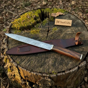 15-Inch Damascus Seax Knife — 10-Inch Wave Pattern Blade, Rosewood Handle, Brass Bolster, Brass Pommel & Leather Sheath