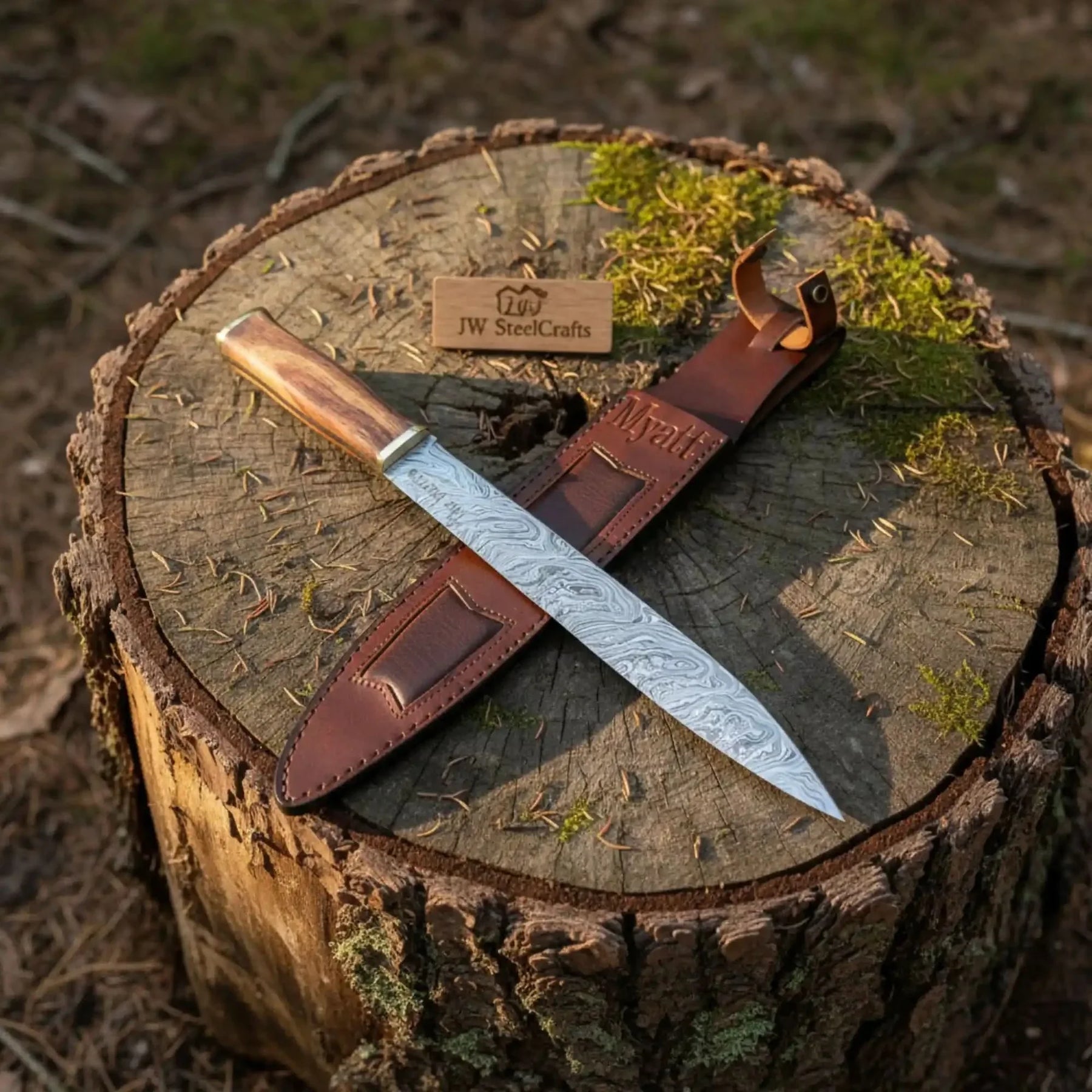 15-Inch Damascus Seax Knife — 10-Inch Wave Pattern Blade, Rosewood Handle, Brass Bolster, Brass Pommel & Leather Sheath by JW SteelCrafts