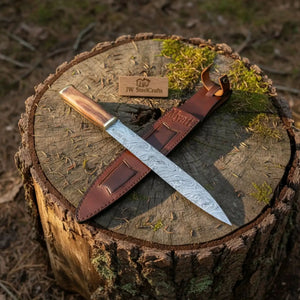 15-Inch Damascus Seax Knife — 10-Inch Wave Pattern Blade, Rosewood Handle, Brass Bolster, Brass Pommel & Leather Sheath by JW SteelCrafts