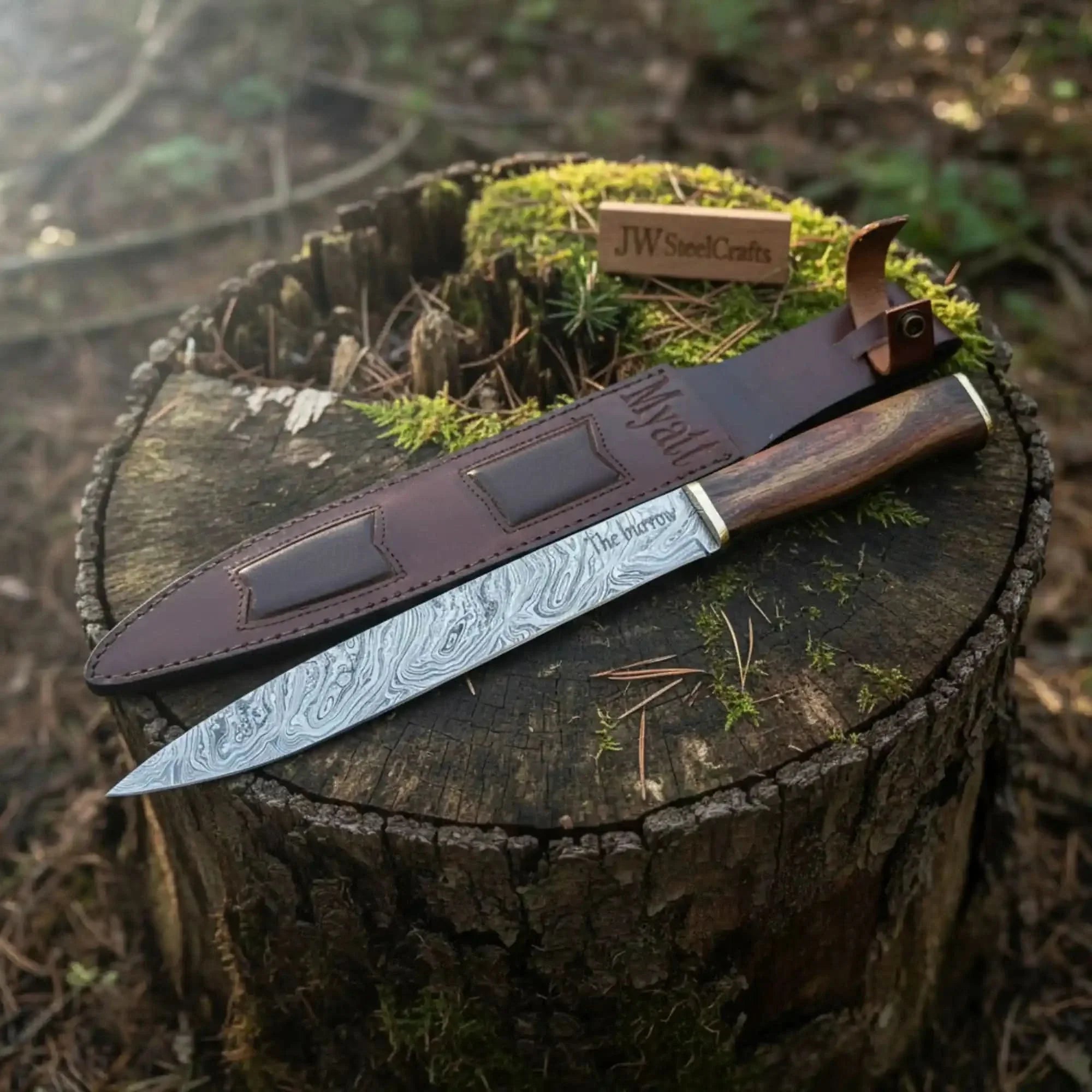 15-Inch Damascus Seax Knife — 10-Inch Wave Pattern Blade, Rosewood Handle, Brass Bolster, Brass Pommel & Leather Sheath