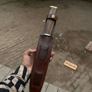 15-Inch Damascus Seax Knife — 10-Inch Wave Pattern Blade, Rosewood Handle, Brass Bolster, Brass Pommel & Leather Sheath