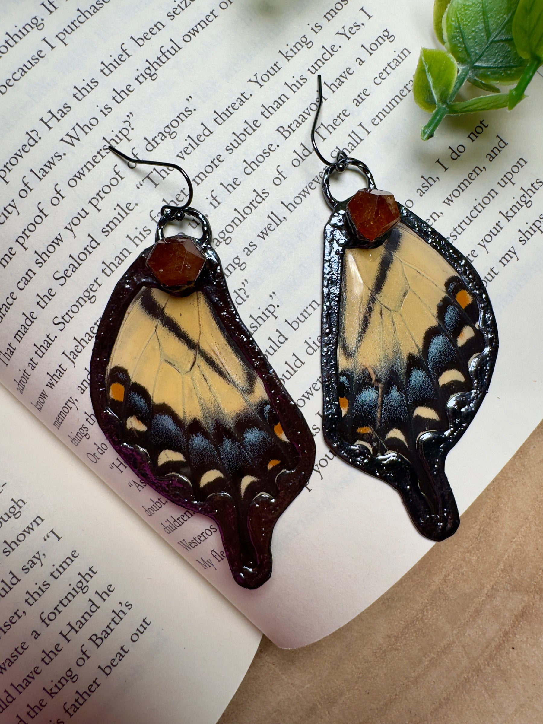 Butterfly Wing and Orange Garnet Earrings
