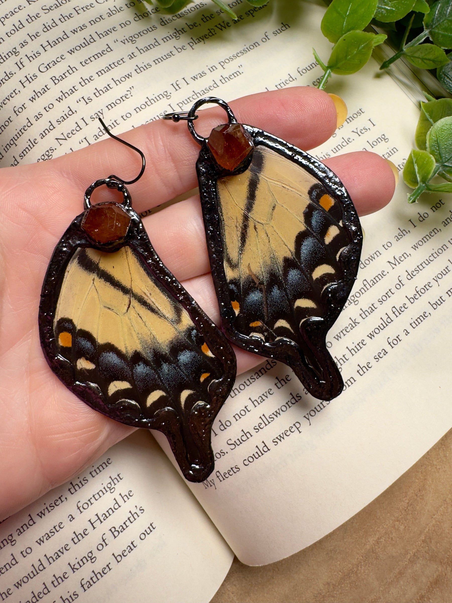 Butterfly Wing and Orange Garnet Earrings