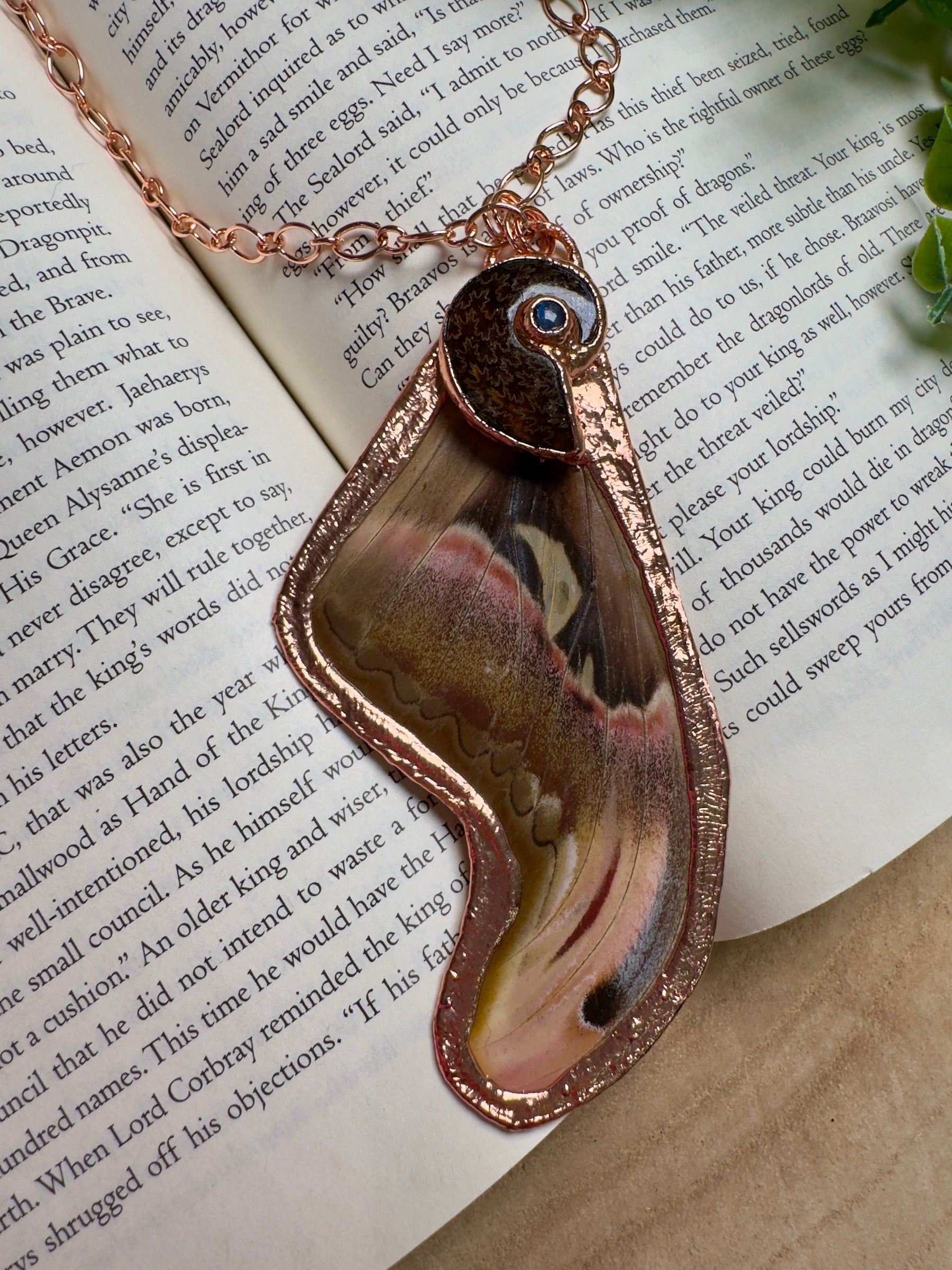 Atlas Moth Wing, Ammonite Fossil, and Labradorite Necklace