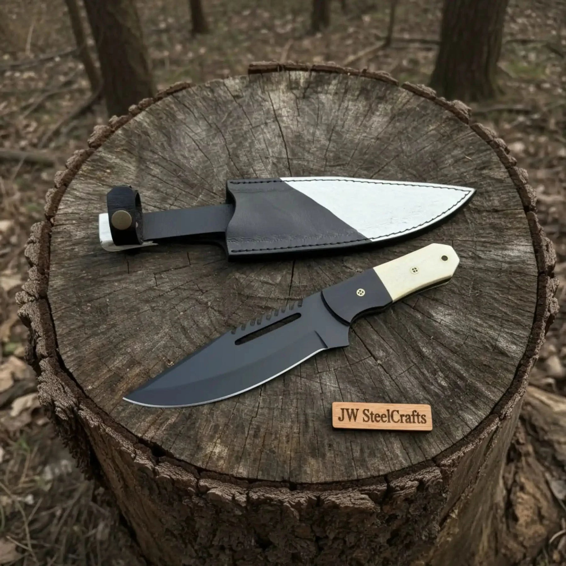Straight Back Utility Knife 8” Blade Fixed Blade Filework Spine Bone Handle with Sheath by JW SteelCrafts