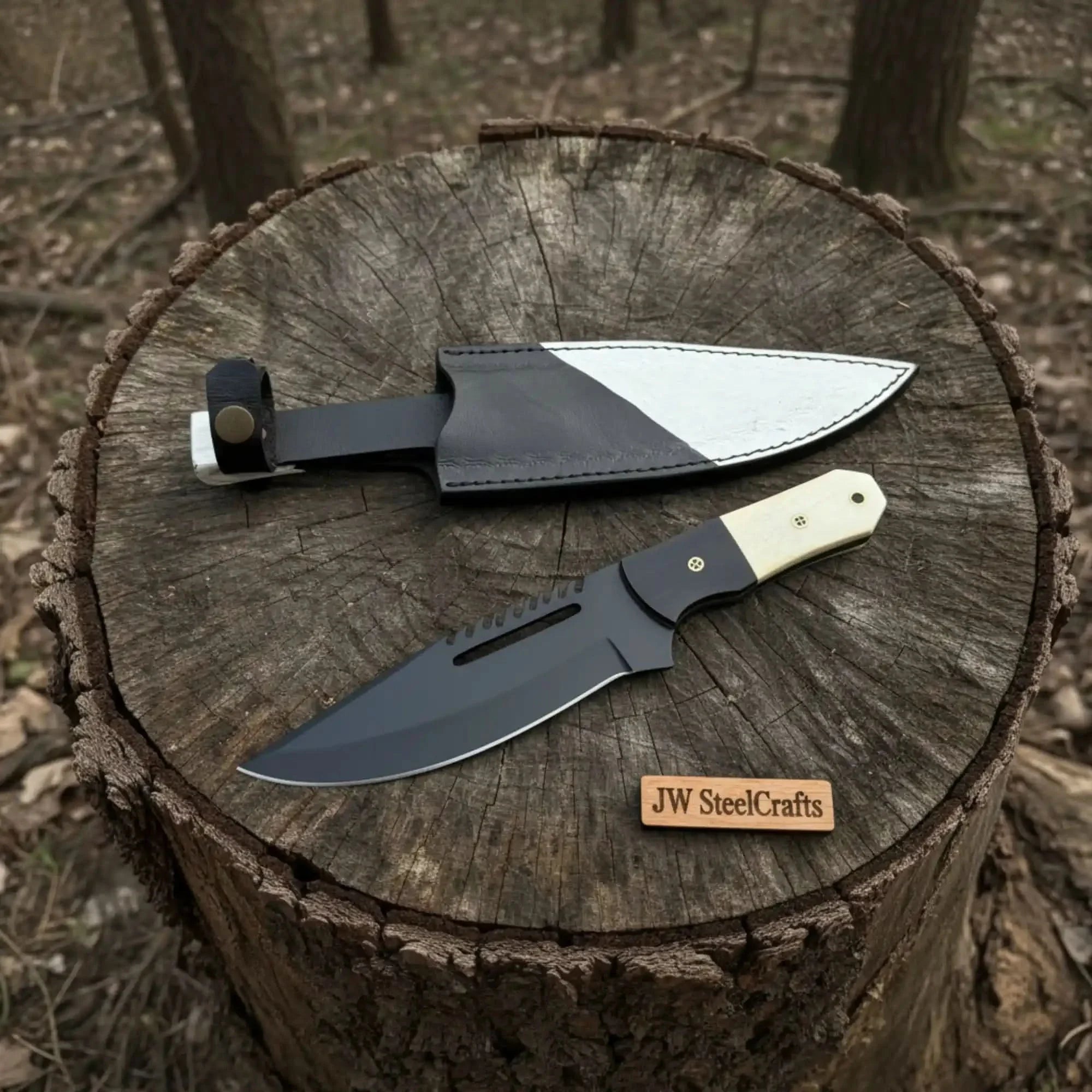 Straight Back Utility Knife 8” Blade Fixed Blade Filework Spine Bone Handle with Sheath by JW SteelCrafts