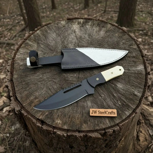 Straight Back Utility Knife 8” Blade Fixed Blade Filework Spine Bone Handle with Sheath by JW SteelCrafts