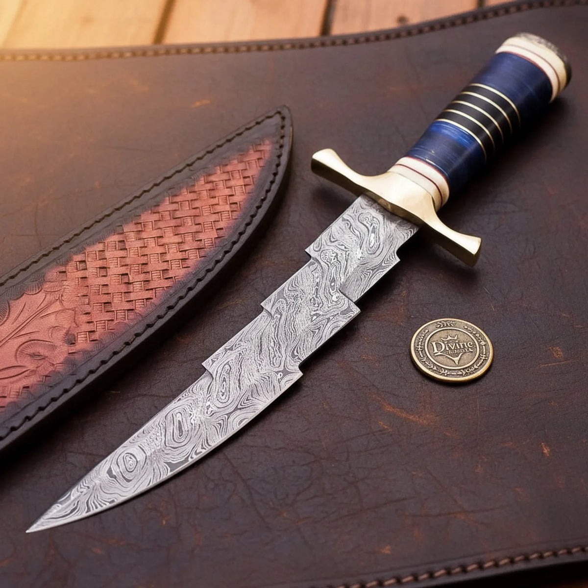 Damascus Lightning Bolt Knife with Jagged Spine and Blue Handle