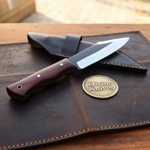 Rosewood Handle Drop Point Knife with Satin Blade and Cross Draw Leather Sheath by Divine Knives
