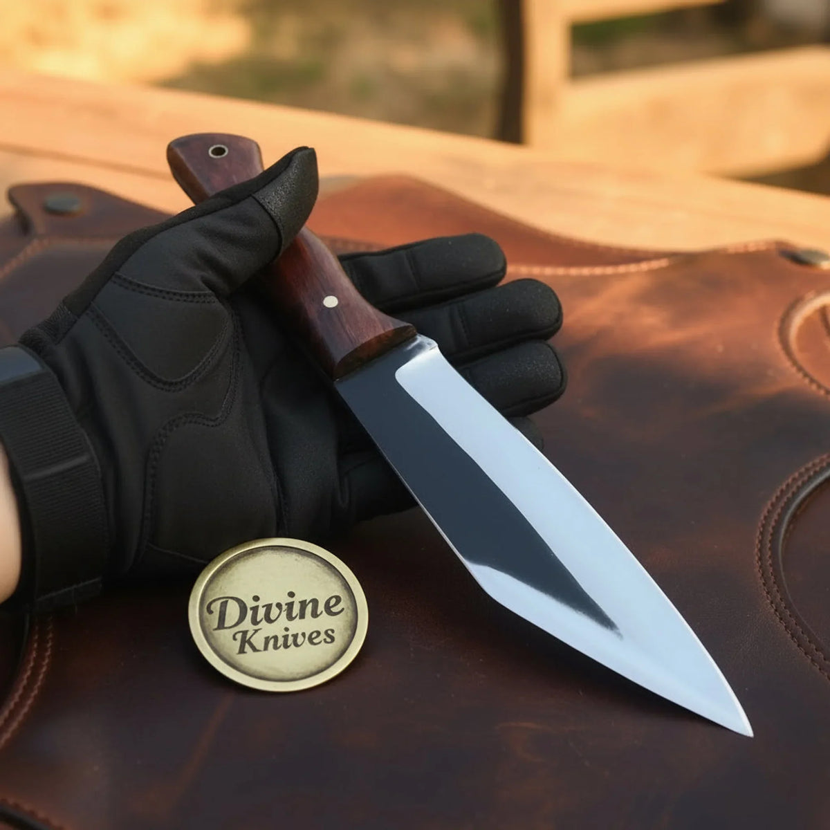 Rosewood Handle Drop Point Knife with Satin Blade and Cross Draw Leather Sheath detail view 2 by Divine Knives