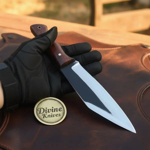 Rosewood Handle Drop Point Knife with Satin Blade and Cross Draw Leather Sheath detail view 2 by Divine Knives