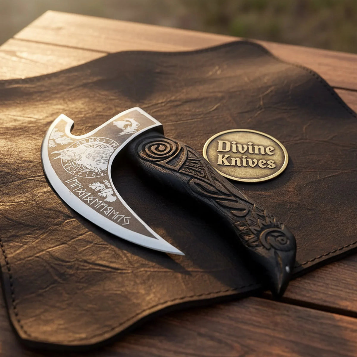 Carved Raven Handle Viking Axe with Rune Etched Bearded Head and Leather Roll