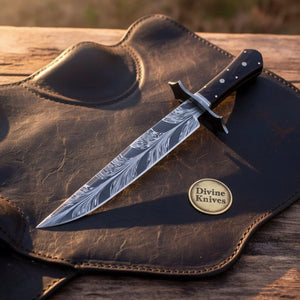 Coffin Handle Damascus Feather Bowie – Feather Pattern Blade with Dark Wood Handle