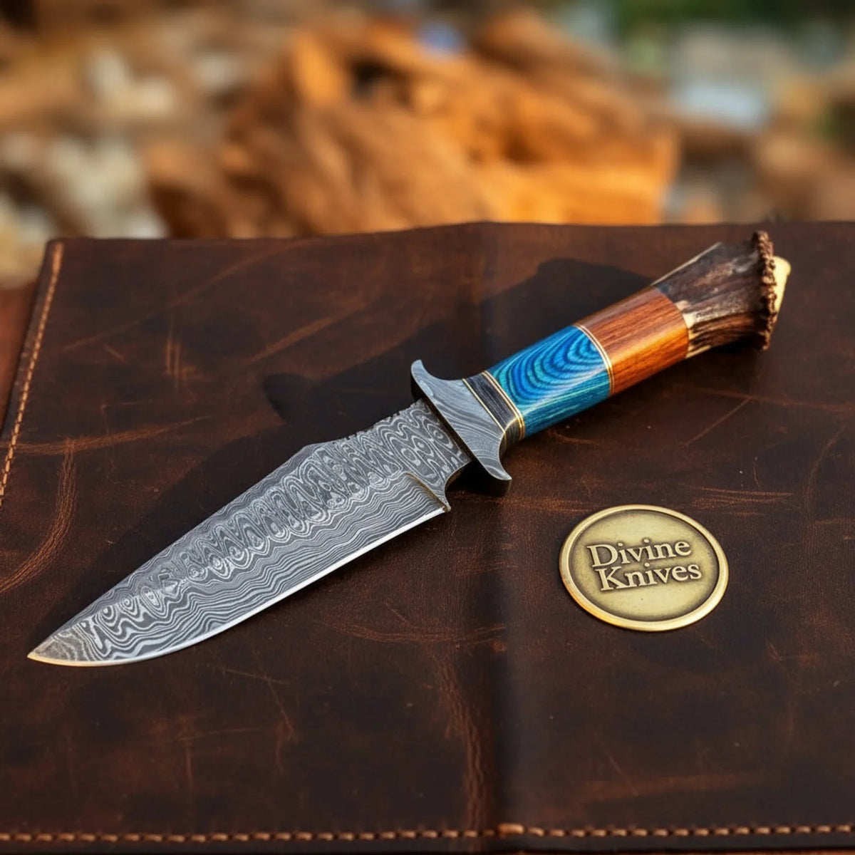 Crown Stag & Resin Handle Bowie Knife with Hybrid Natural Grip