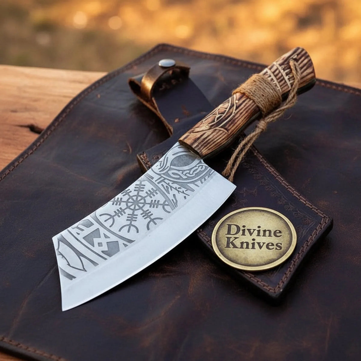 Viking Vegvisir Cleaver with Wood Handle and Cord Wrap detail view 2 by Divine Knives