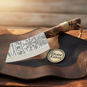 Viking Vegvisir Cleaver with Wood Handle and Cord Wrap by Divine Knives
