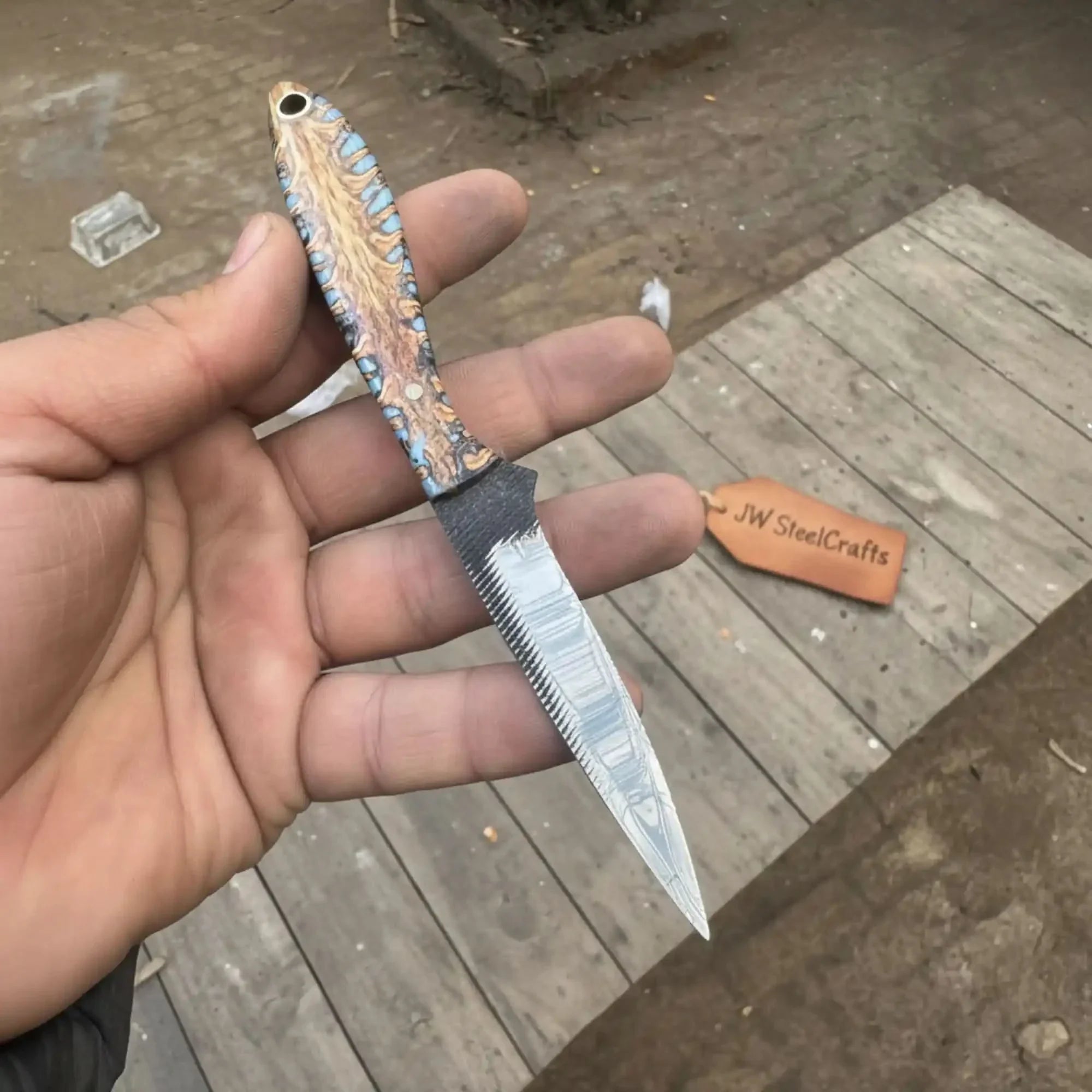 7-Inch Rasp Steel Dagger — Double-Edged Blade, Pinecone Blue Resin Handle, Steel Guard & Brass Lanyard Hole by JW SteelCrafts