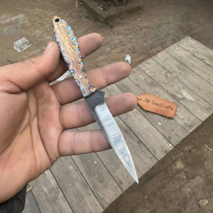 7-Inch Rasp Steel Dagger — Double-Edged Blade, Pinecone Blue Resin Handle, Steel Guard & Brass Lanyard Hole by JW SteelCrafts