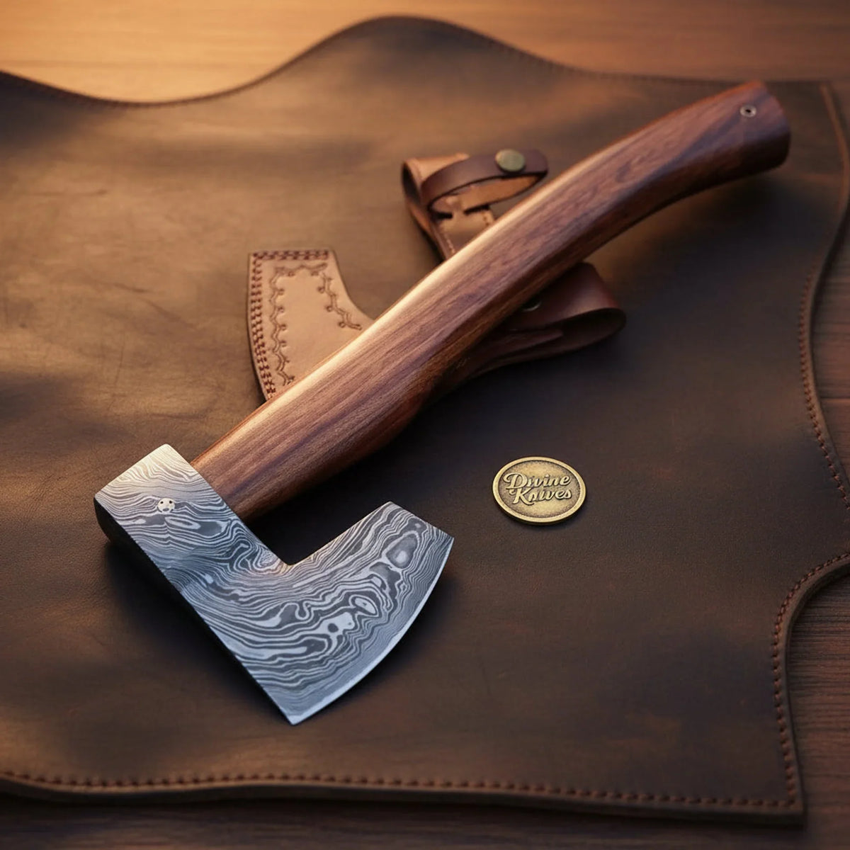 Damascus Steel Viking Bearded Hatchet with Wood Handle and Leather Sheath