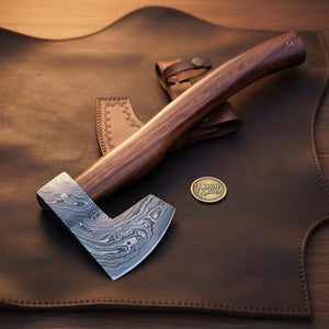 Damascus Steel Viking Bearded Hatchet with Wood Handle and Leather Sheath