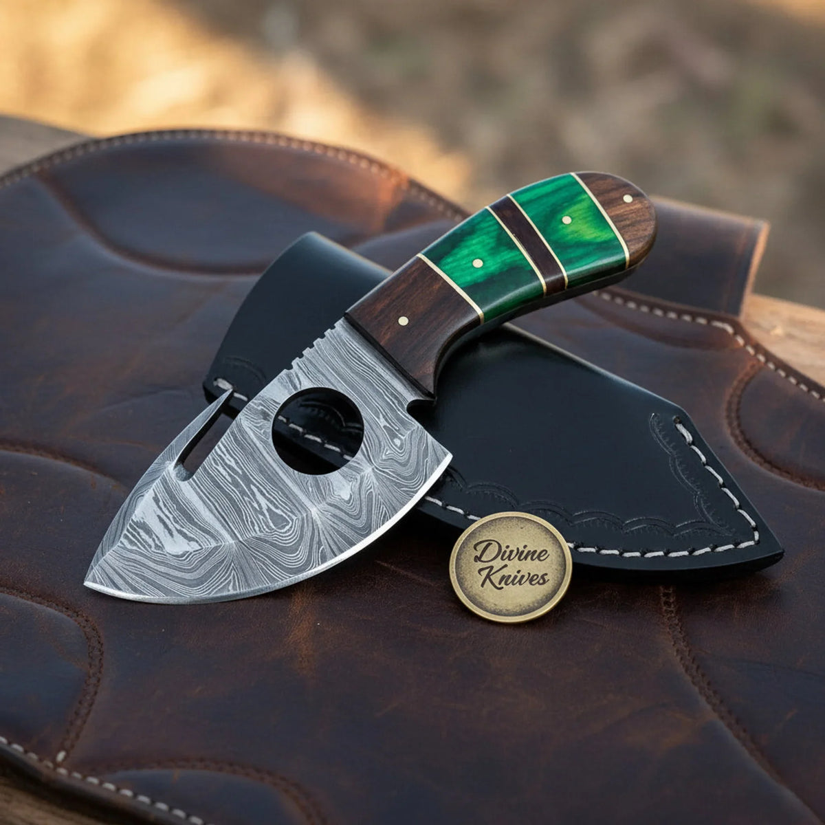 Jadestack Green Pakkawood Cutout Gut Hook Skinner with Banded Handle by Divine Knives