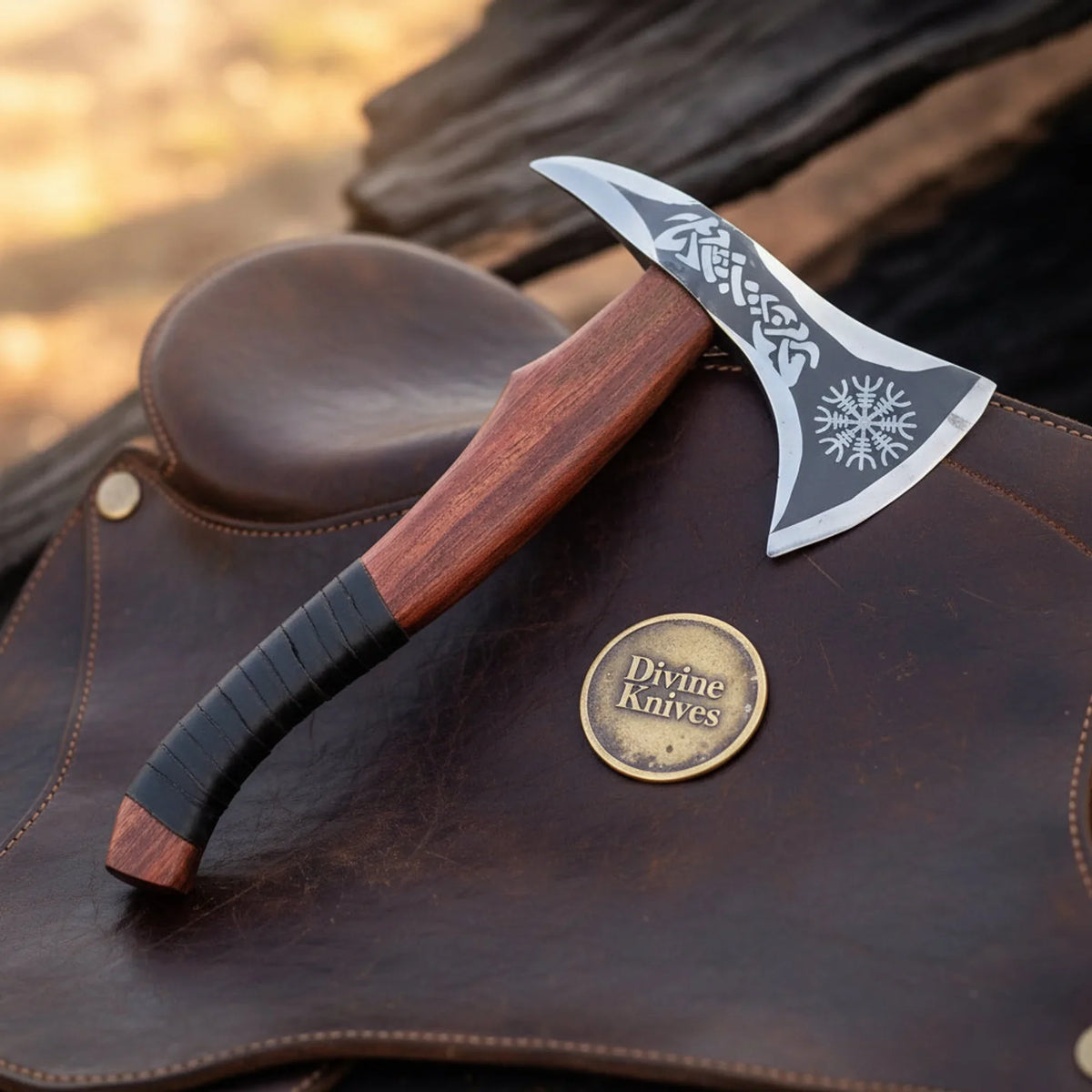 Norse Etched Notch Tomahawk Hatchet with Wood Handle and Leather Wrap by Divine Knives