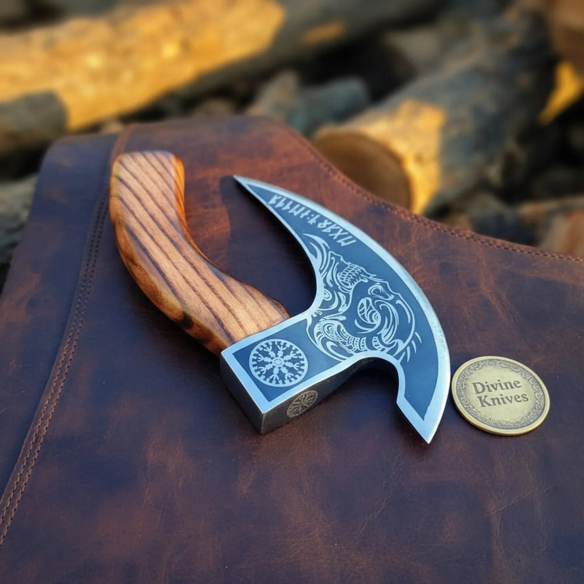 Viking Runic Pizza Ulu Axe with Engraved Head and Wood Handle