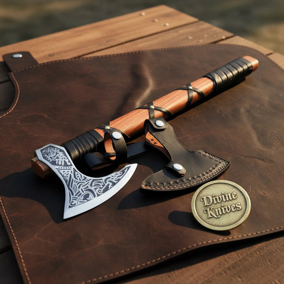 Celtic Knotwork Viking Bearded Axe with Leather Cross-Wrap Handle