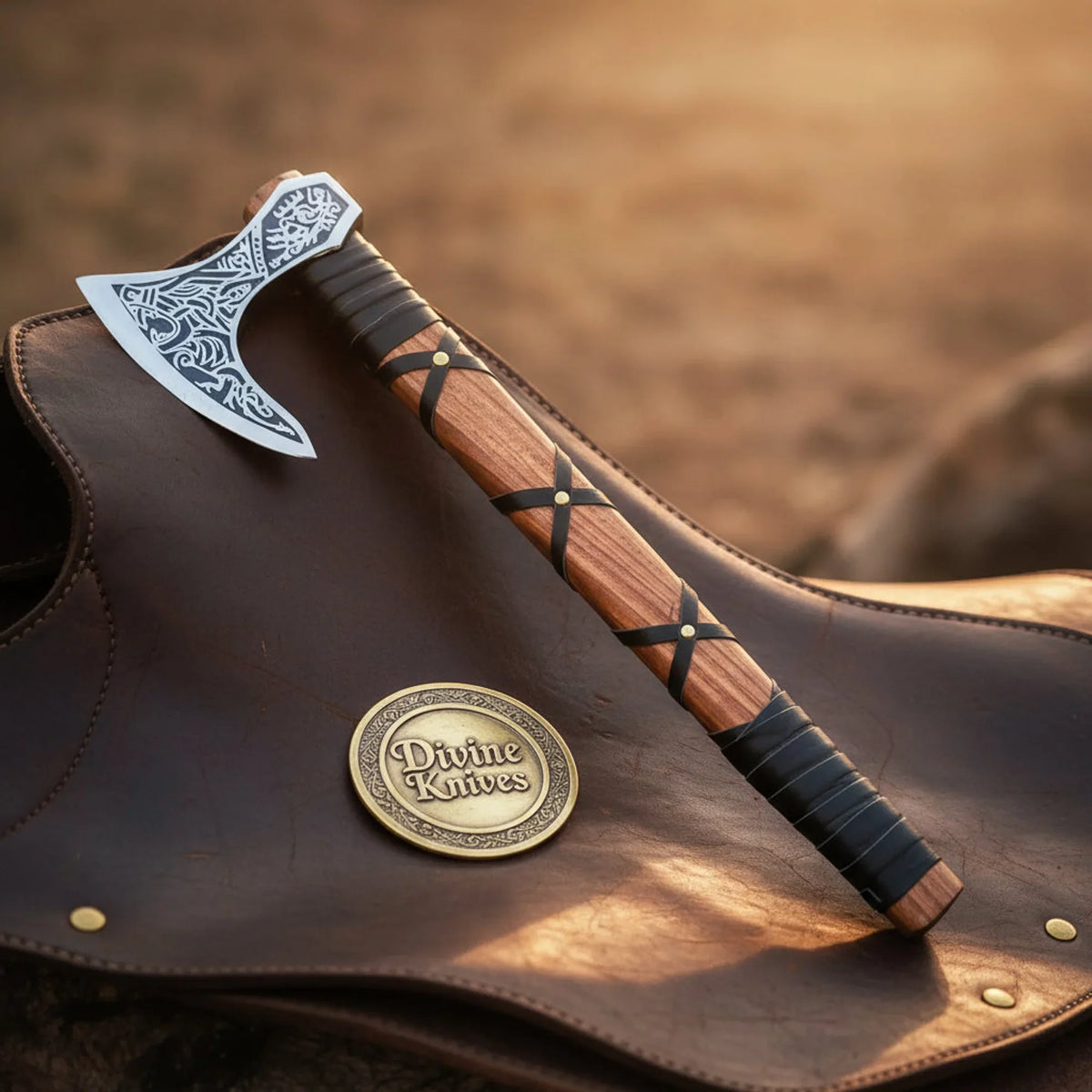 Celtic Knotwork Viking Bearded Axe with Leather Cross-Wrap Handle