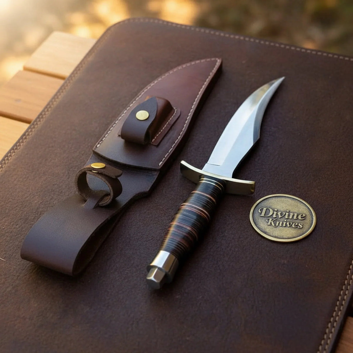 Upswept Trailing Point Skinner Knife with Stacked Leather Handle and Brass Guard