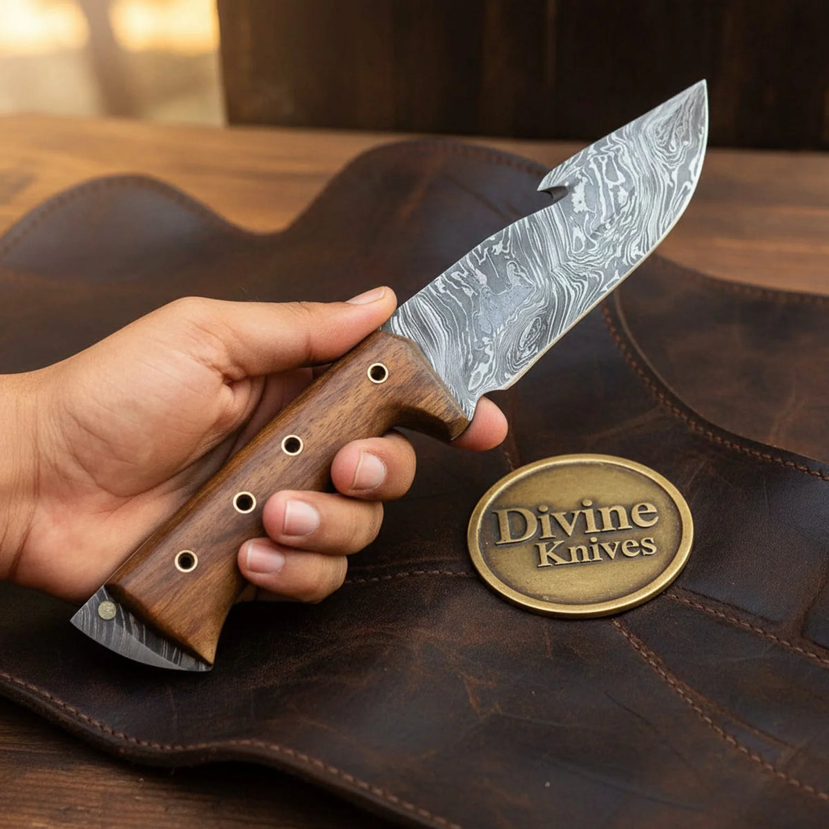 Walnut Handle Gut Hook Knife with Pattern Welded Blade and Brass Eyelets