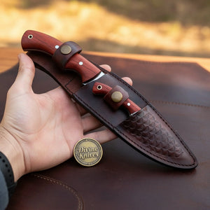 Rosewood Hunting Knife Set with Contoured Grips and Dual Pocket Leather Sheath