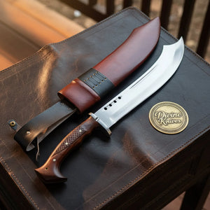 Traditional Rosewood Kukri Knife with Forward Curved Blade and Leather Frog Sheath