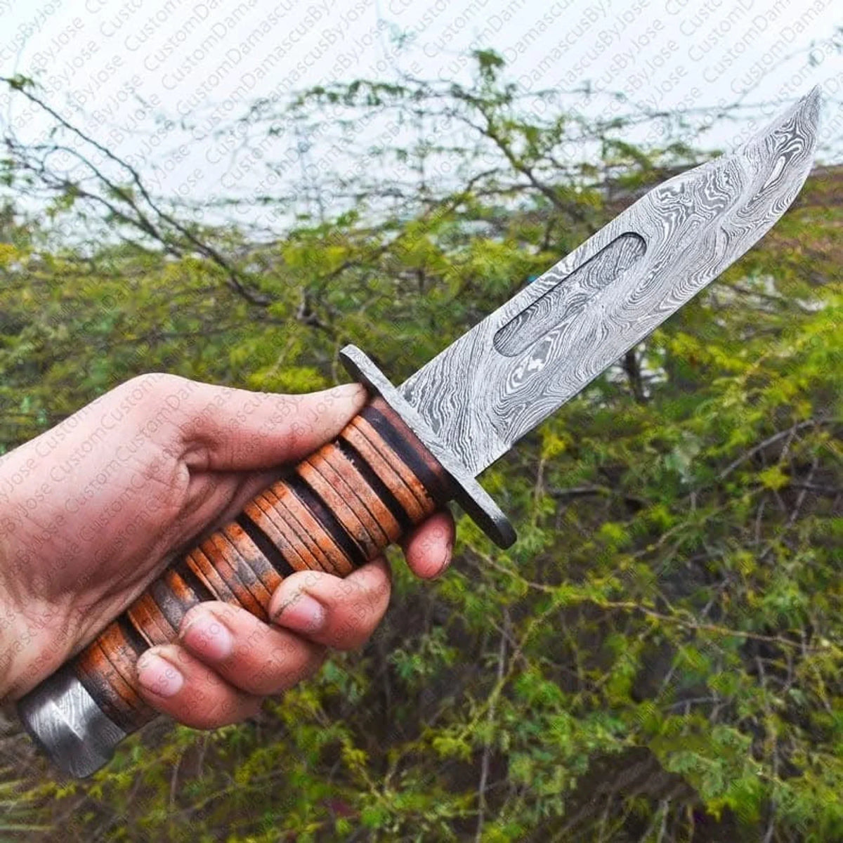 Stacked Leather Handle Survival Knife with Pattern Welded Fullered Blade