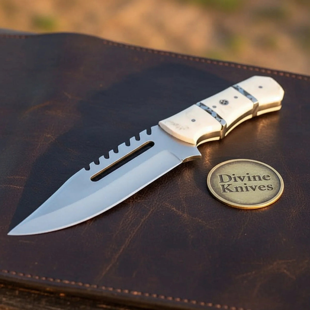 Bone Handle Sawback Hunting Knife with Notched Spine and Camo Spacer Inlays