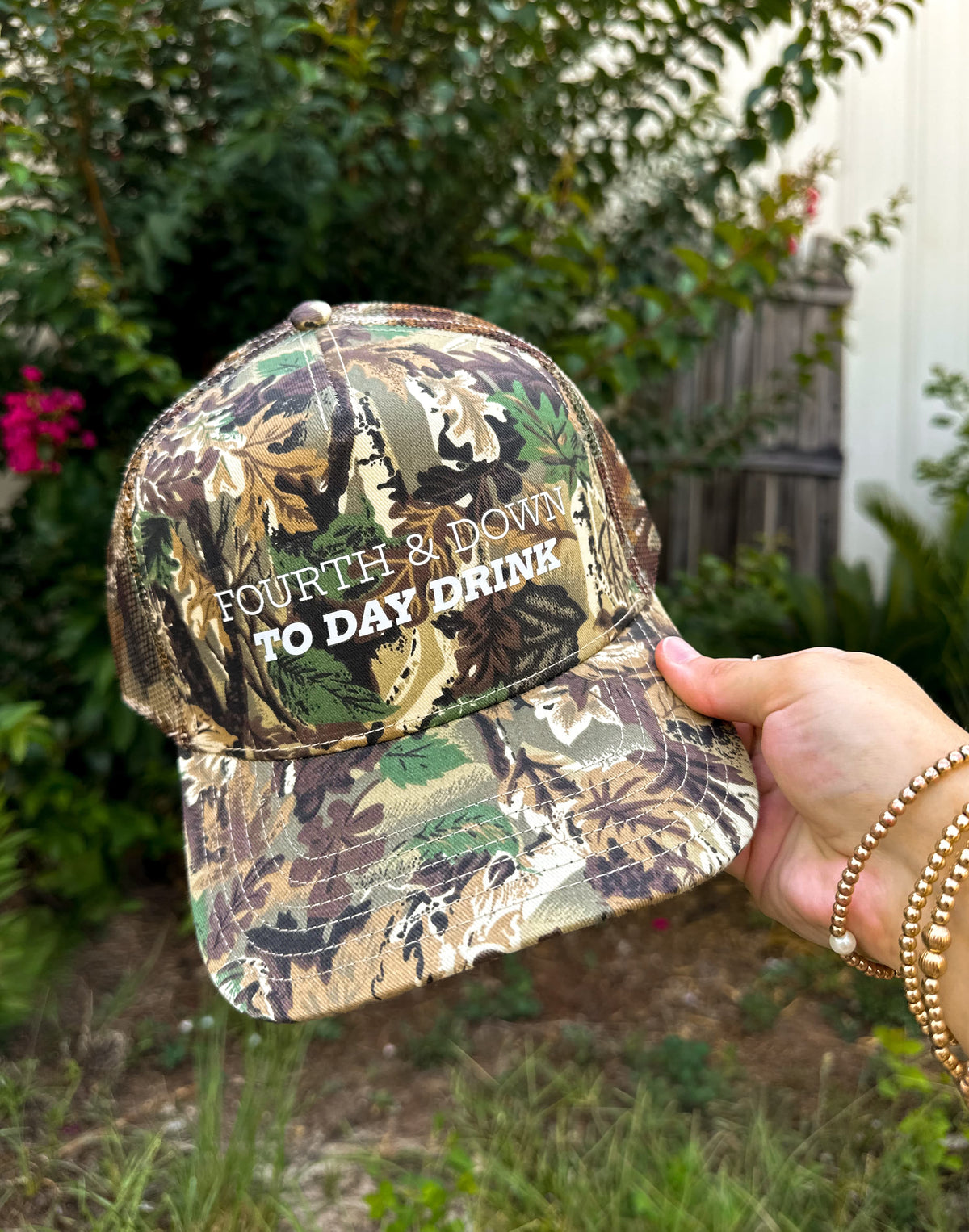 Fourth & Down to Day Drink Real Camo Canvas Trucker Hat detail view by Southern Bliss Company