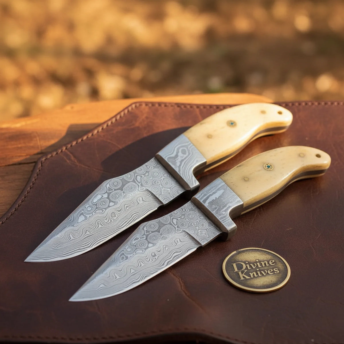 Camel Bone Harpoon Damascus Skinner Set with Matched Pair by Divine Knives