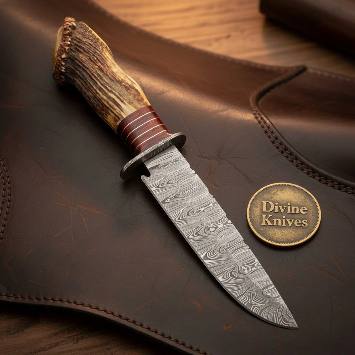 Crown Stag Damascus Hunting Bowie with Wire-Wrapped Spacer by Divine Knives