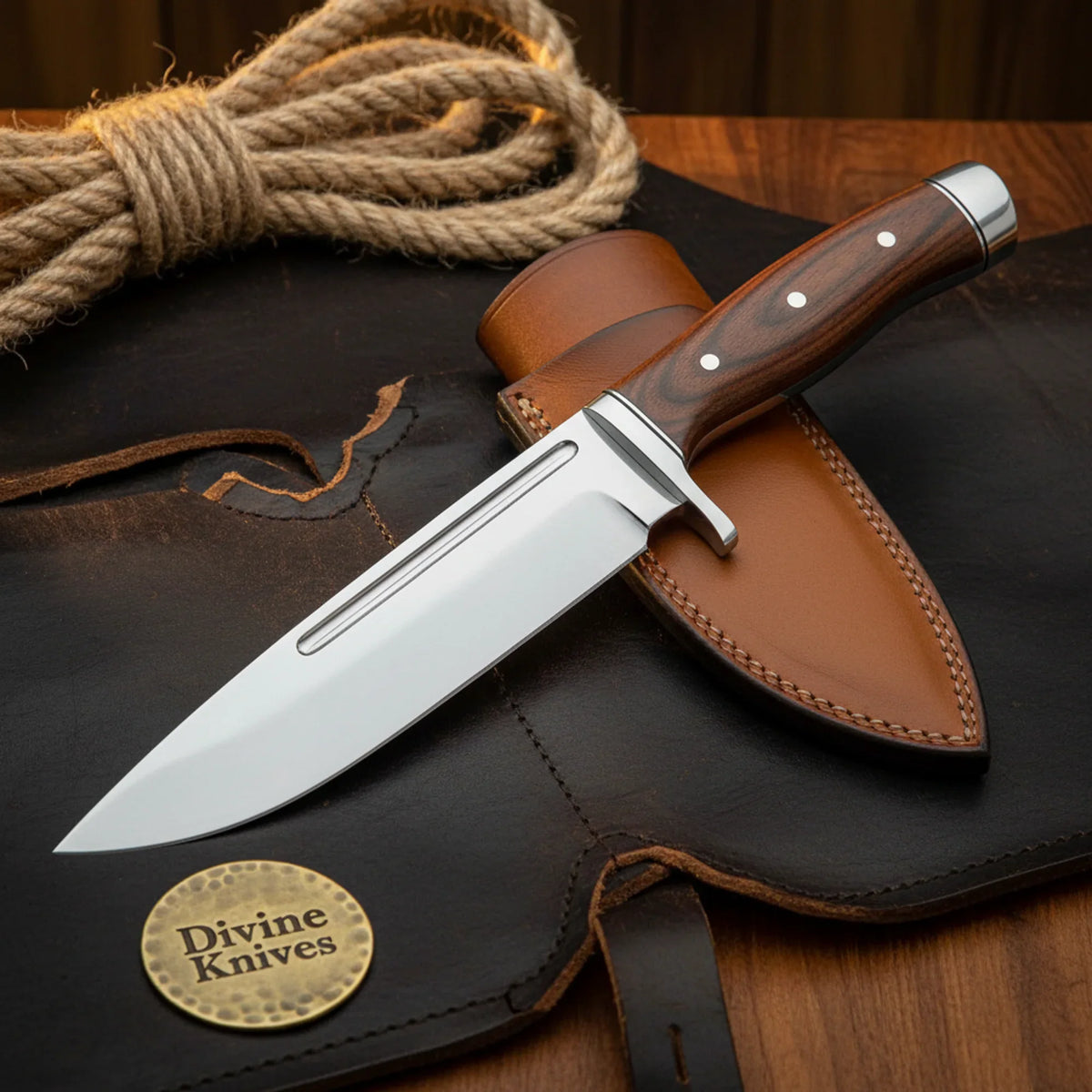 Rosewood Fuller Blade Drop Point Bowie with Classic Wood by Divine Knives