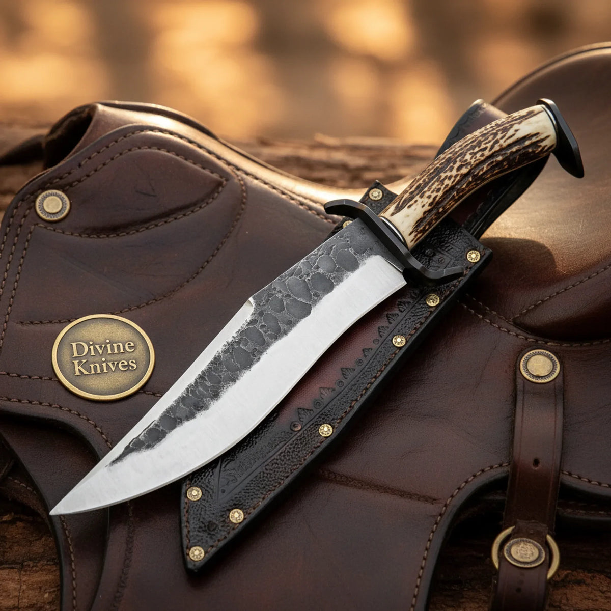 Hammered Coffin Antler Clip-Point Bowie with Angular Grip by Divine Knives