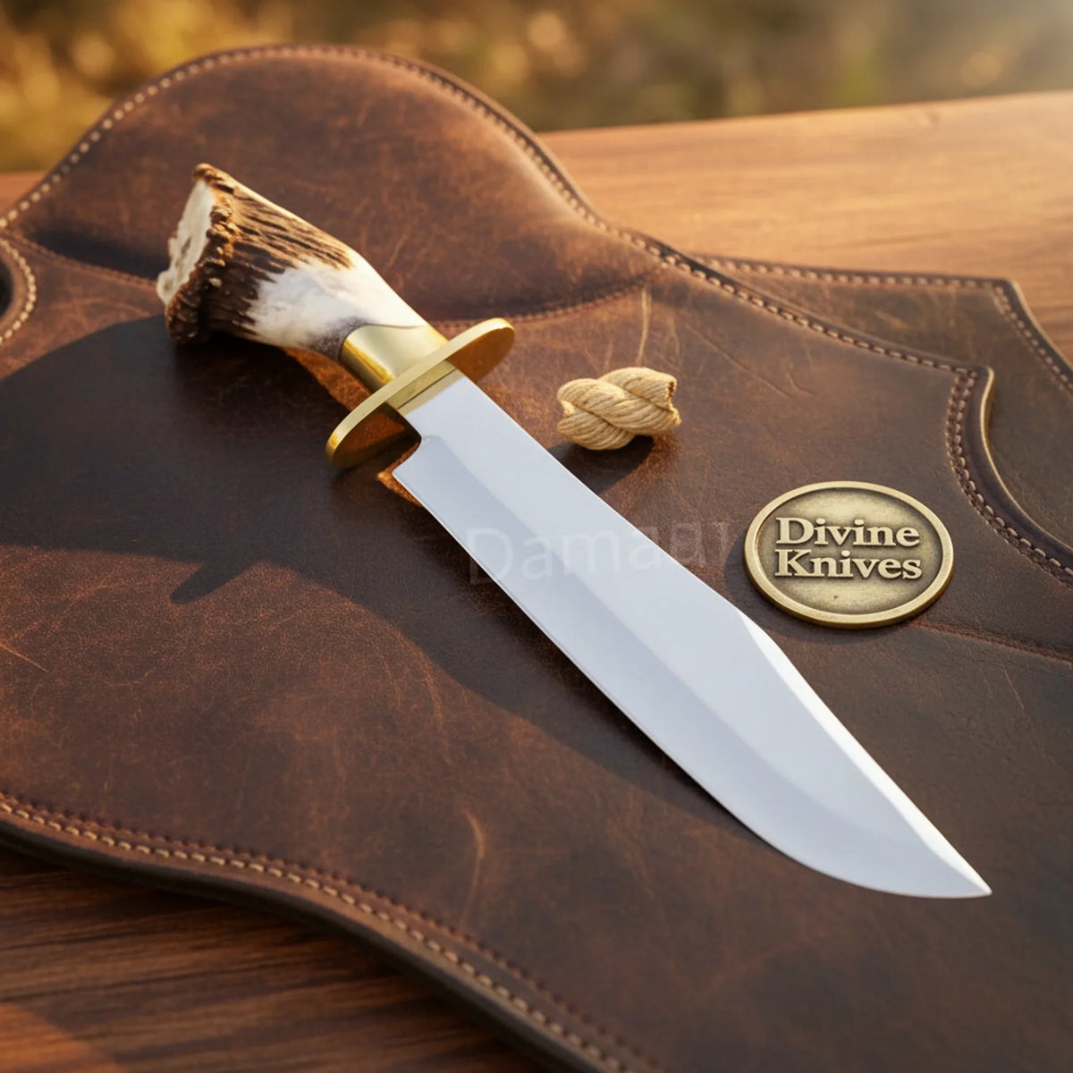 Crown Antler D2 Steel Brass Clip-Point Bowie with Dog-Leg style Handle by Divine Knives